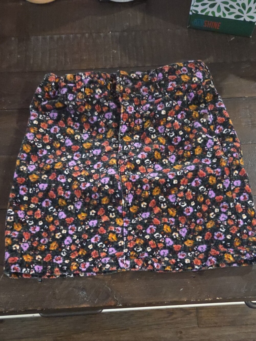 Floral Corduroy Mini Skirt in Black with Pink, Purple & Orange Flower Accents